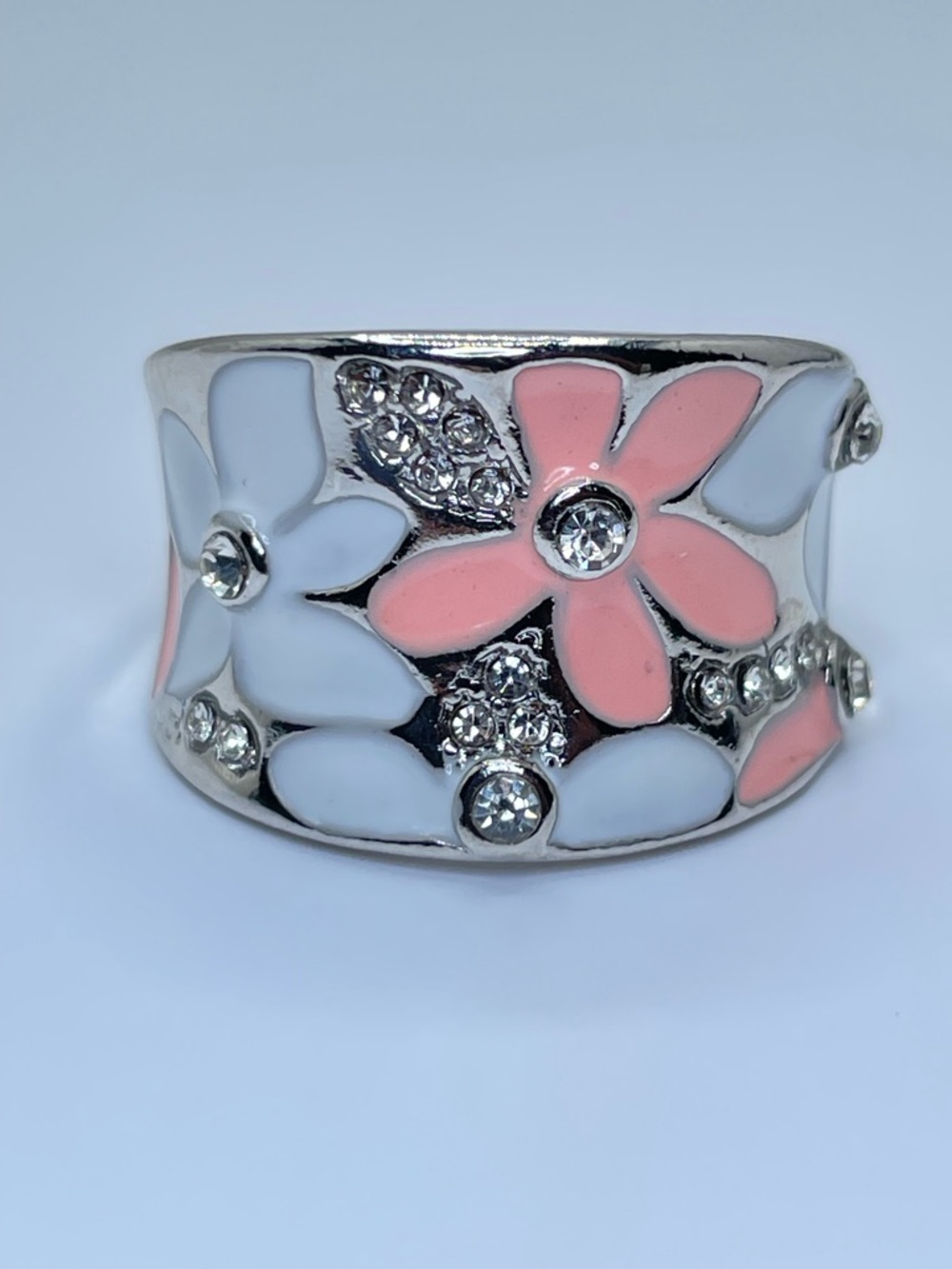 Silver Pink White Enamel Flower Wide Band Ring Diamond White Crystal Stones Boho